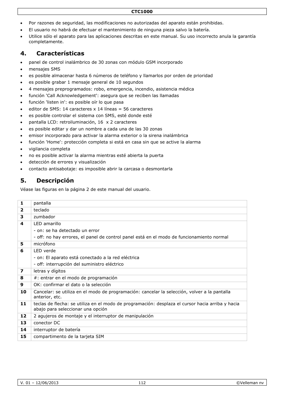 Características, Descripción | Velleman CTC1000 User Manual | Page 112 / 223