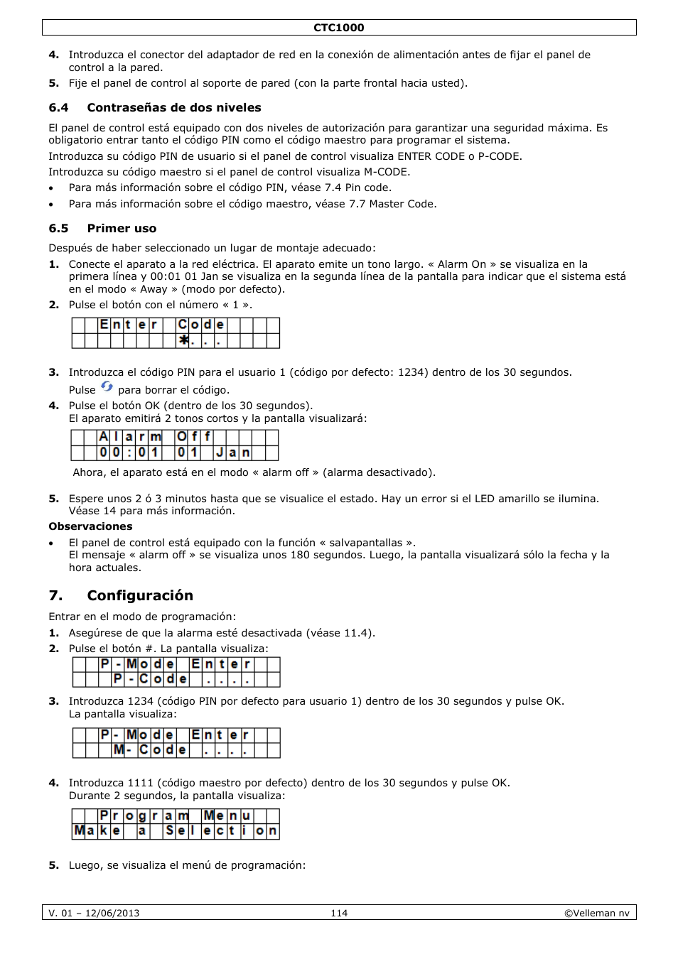 4 contraseñas de dos niveles, 5 primer uso, Configuración | Velleman CTC1000 User Manual | Page 114 / 223