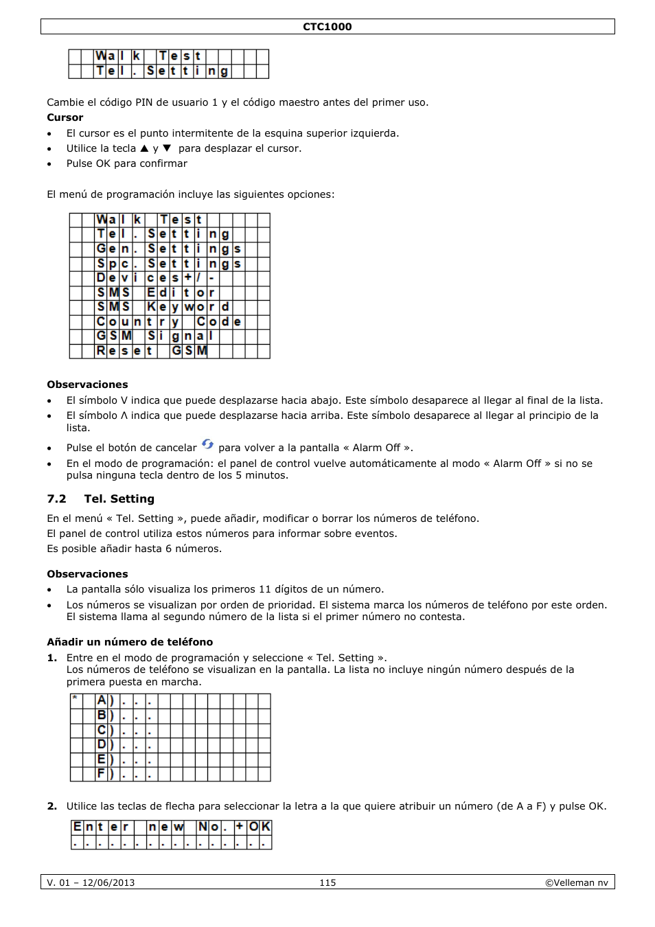 Observaciones, 2 tel. setting, Añadir un número de teléfono | Velleman CTC1000 User Manual | Page 115 / 223