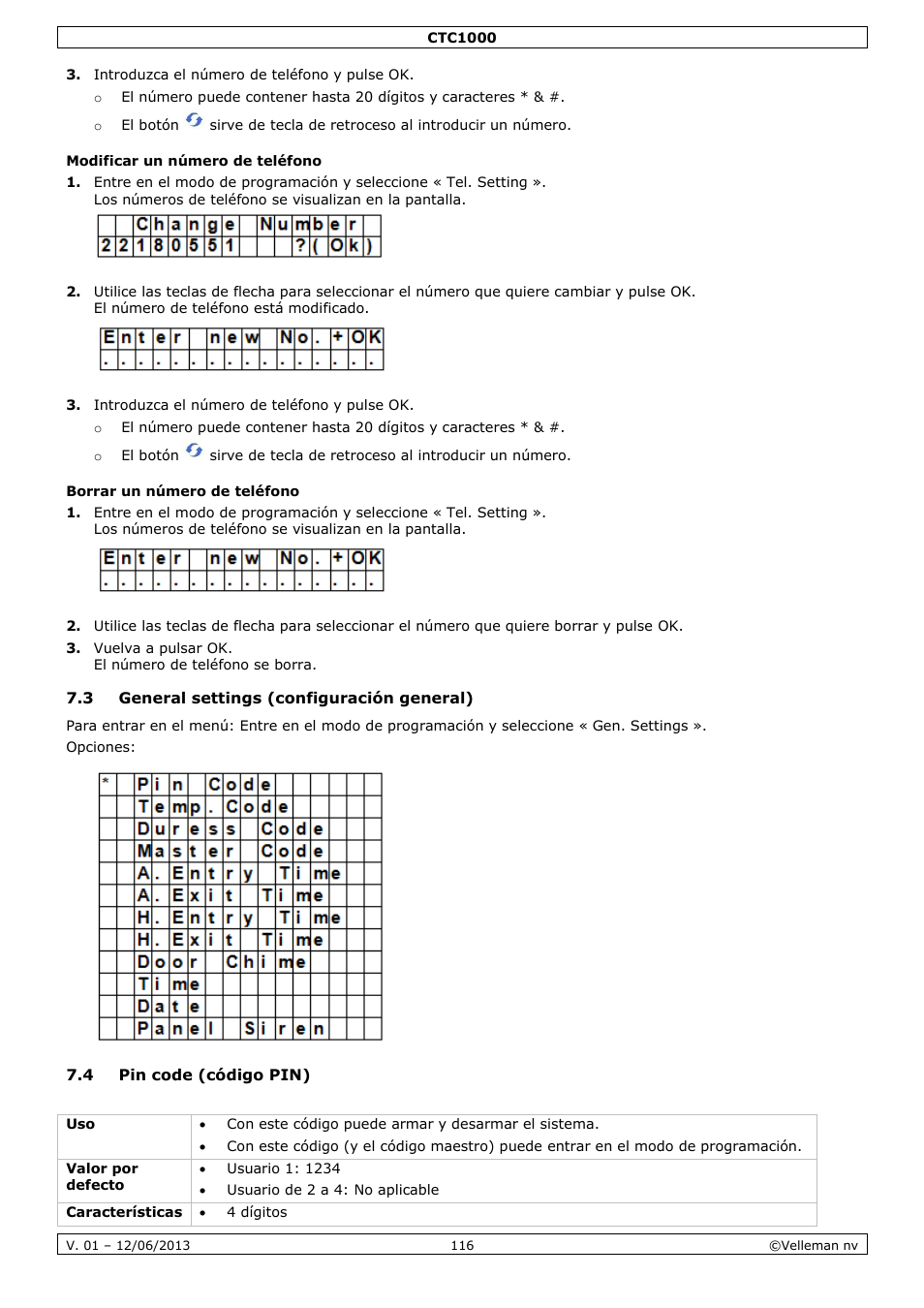 Modificar un número de teléfono, Borrar un número de teléfono, 3 general settings (configuración general) | 4 pin code (código pin) | Velleman CTC1000 User Manual | Page 116 / 223
