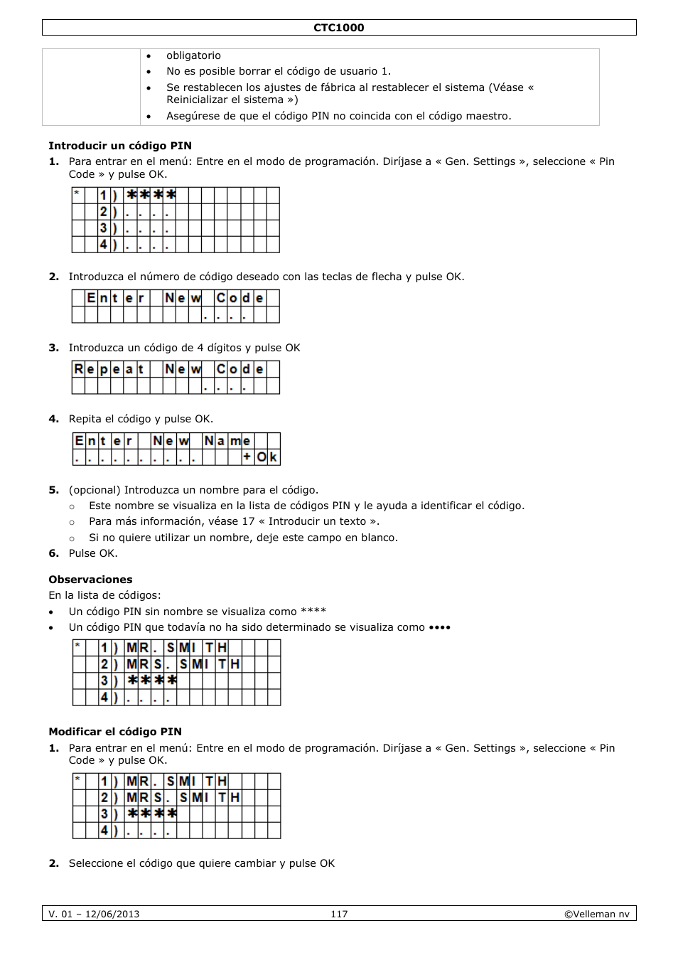 Introducir un código pin, Observaciones, Modificar el código pin | Velleman CTC1000 User Manual | Page 117 / 223
