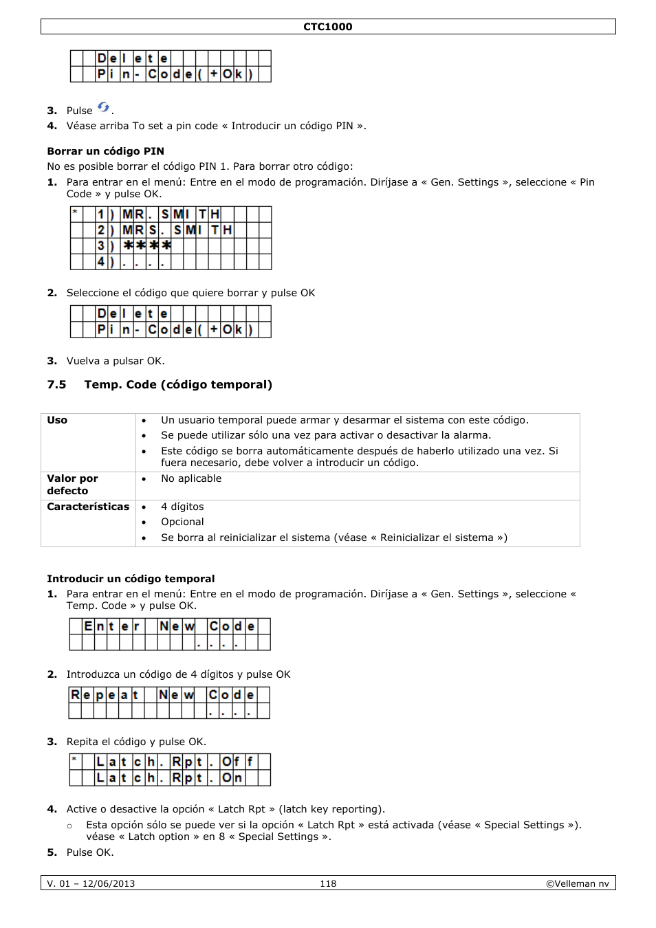Borrar un código pin, 5 temp. code (código temporal), Introducir un código temporal | Velleman CTC1000 User Manual | Page 118 / 223