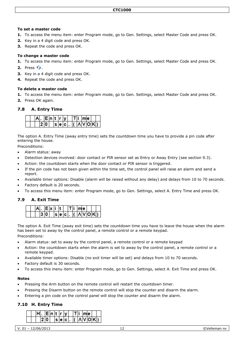 To set a master code, To change a master code, To delete a master code | 8 a. entry time, 9 a. exit time, Notes, 10 h. entry time | Velleman CTC1000 User Manual | Page 12 / 223