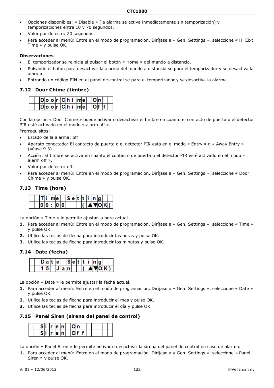 Observaciones, 12 door chime (timbre), 13 time (hora) | 14 date (fecha), 15 panel siren (sirena del panel de control) | Velleman CTC1000 User Manual | Page 122 / 223