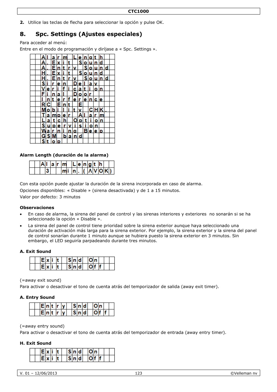 Spc. settings (ajustes especiales), Alarm length (duración de la alarma), Observaciones | A. exit sound, A. entry sound, H. exit sound | Velleman CTC1000 User Manual | Page 123 / 223