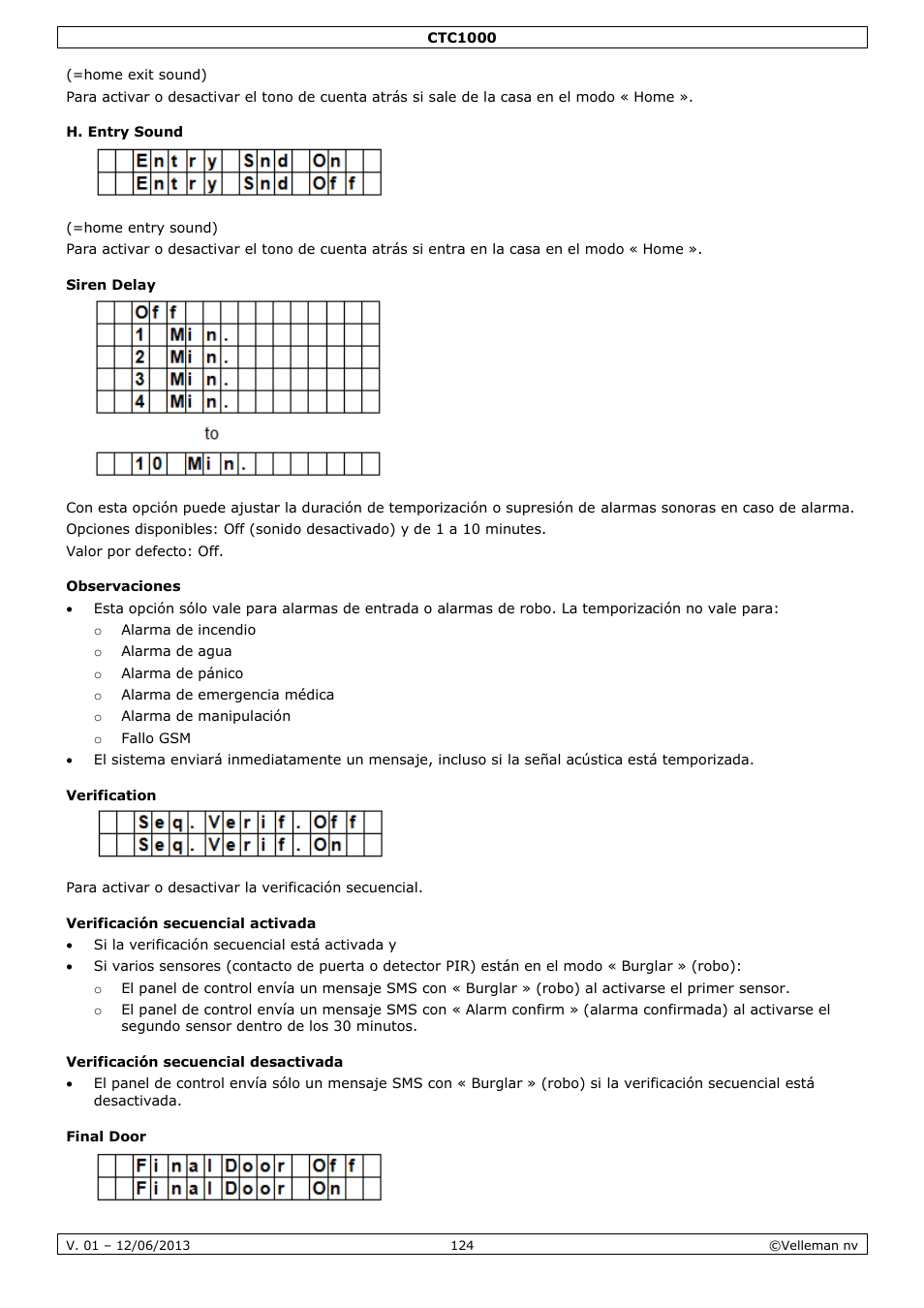 H. entry sound, Siren delay, Observaciones | Verification, Verificación secuencial activada, Verificación secuencial desactivada, Final door | Velleman CTC1000 User Manual | Page 124 / 223