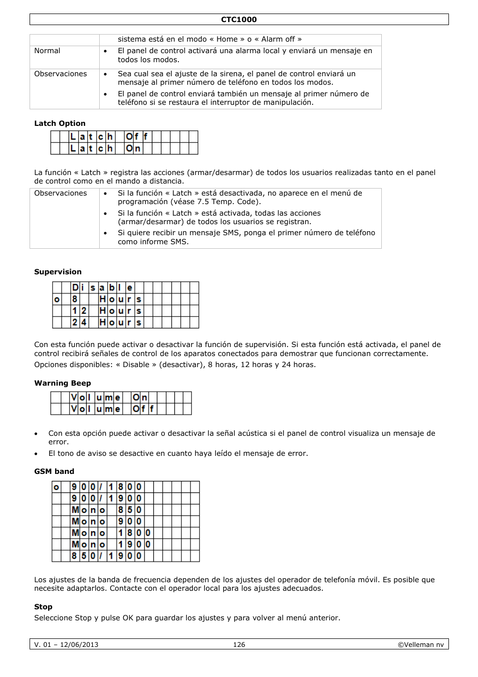 Latch option, Supervision, Warning beep | Gsm band, Stop | Velleman CTC1000 User Manual | Page 126 / 223