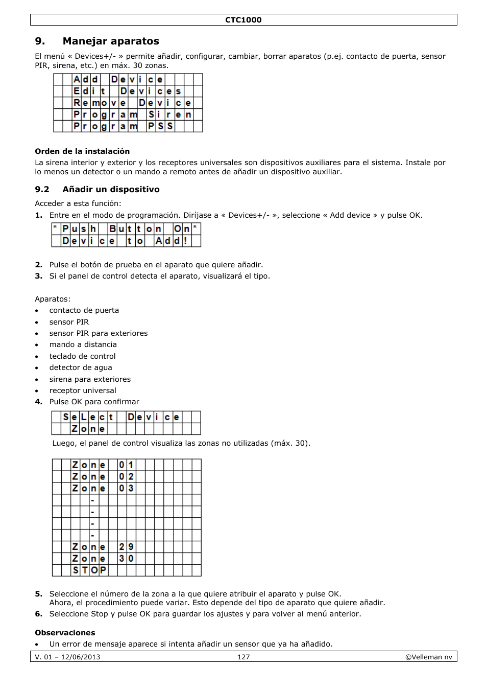 Manejar aparatos, Orden de la instalación, 2 añadir un dispositivo | Observaciones | Velleman CTC1000 User Manual | Page 127 / 223