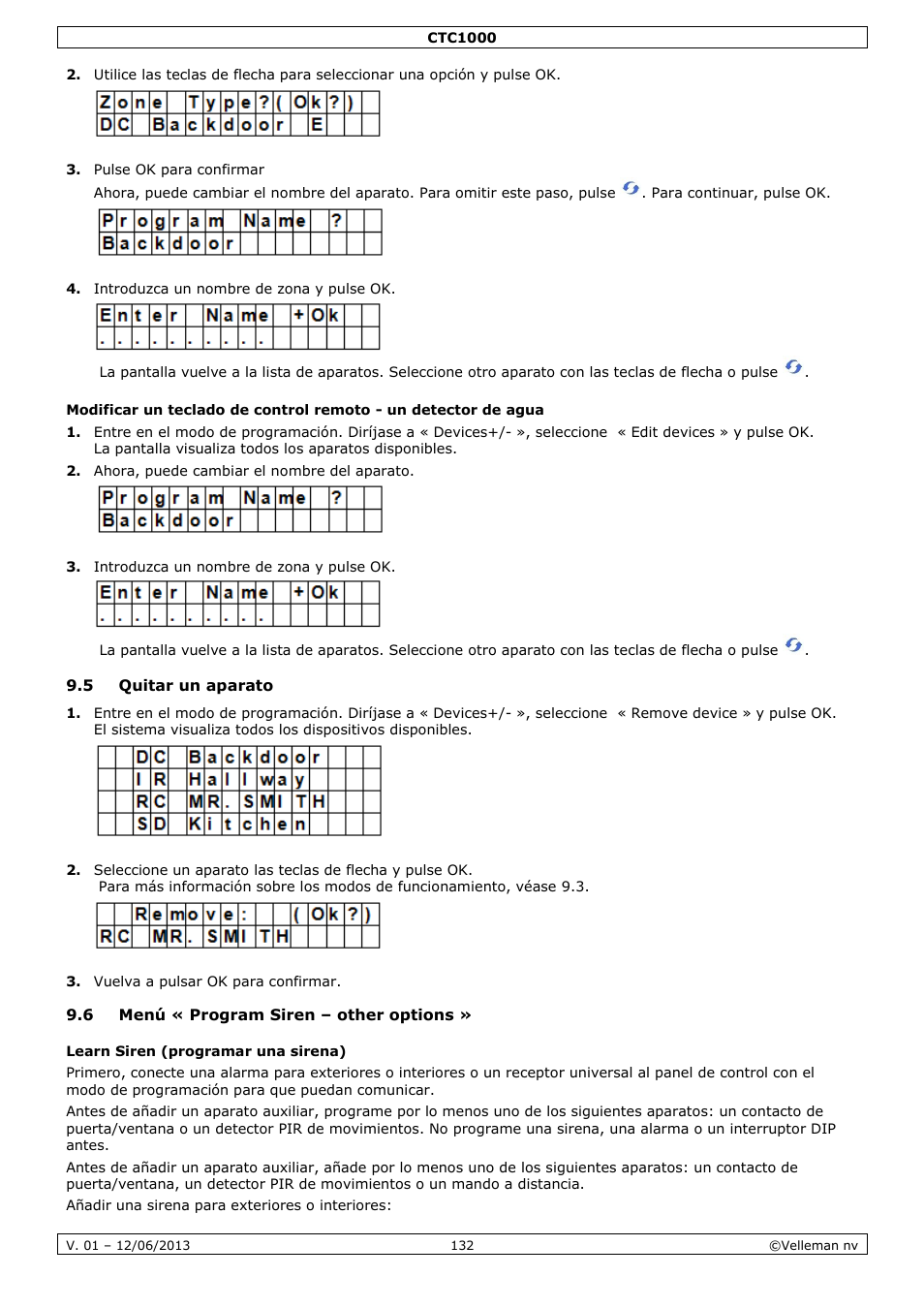 5 quitar un aparato, 6 menú « program siren – other options, Learn siren (programar una sirena) | Velleman CTC1000 User Manual | Page 132 / 223