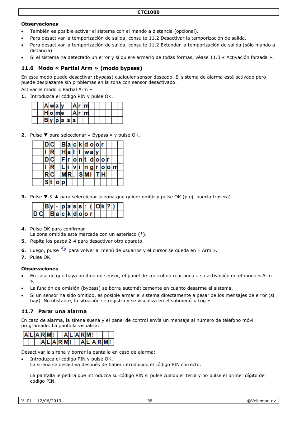 Observaciones, 6 modo « partial arm » (modo bypass), 7 parar una alarma | Velleman CTC1000 User Manual | Page 138 / 223