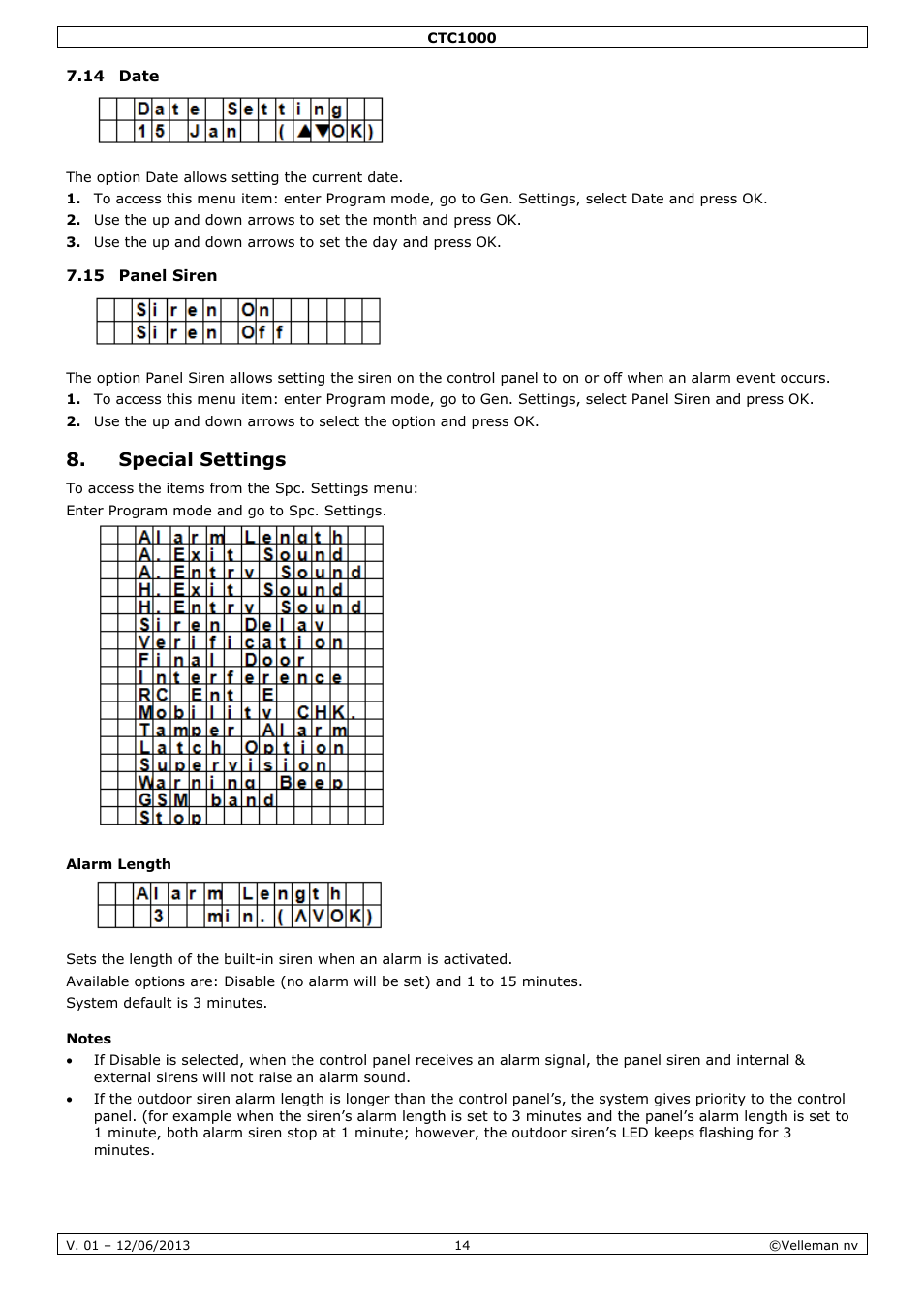 14 date, 15 panel siren, Special settings | Alarm length, Notes | Velleman CTC1000 User Manual | Page 14 / 223