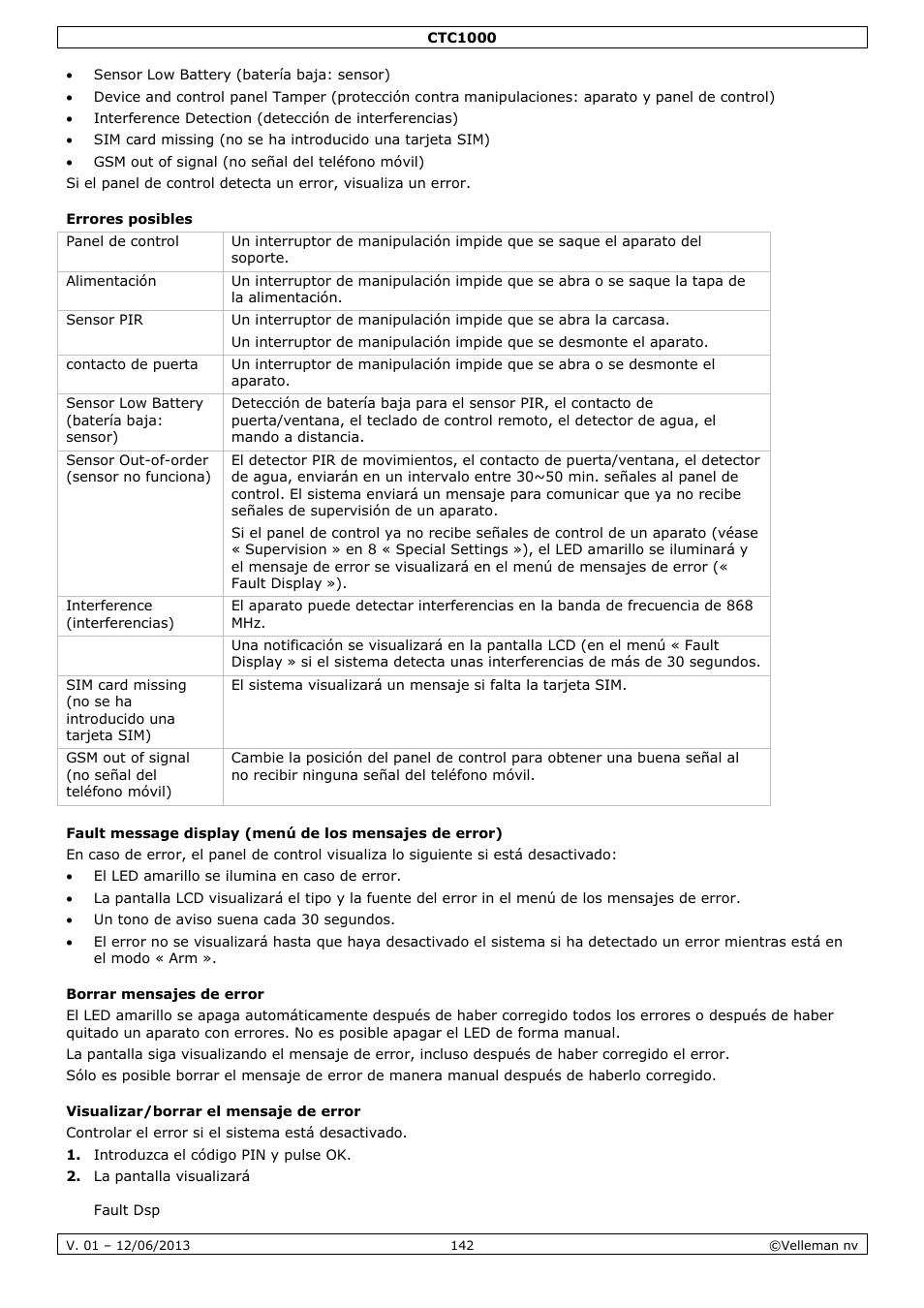 Errores posibles, Borrar mensajes de error, Visualizar/borrar el mensaje de error | Velleman CTC1000 User Manual | Page 142 / 223