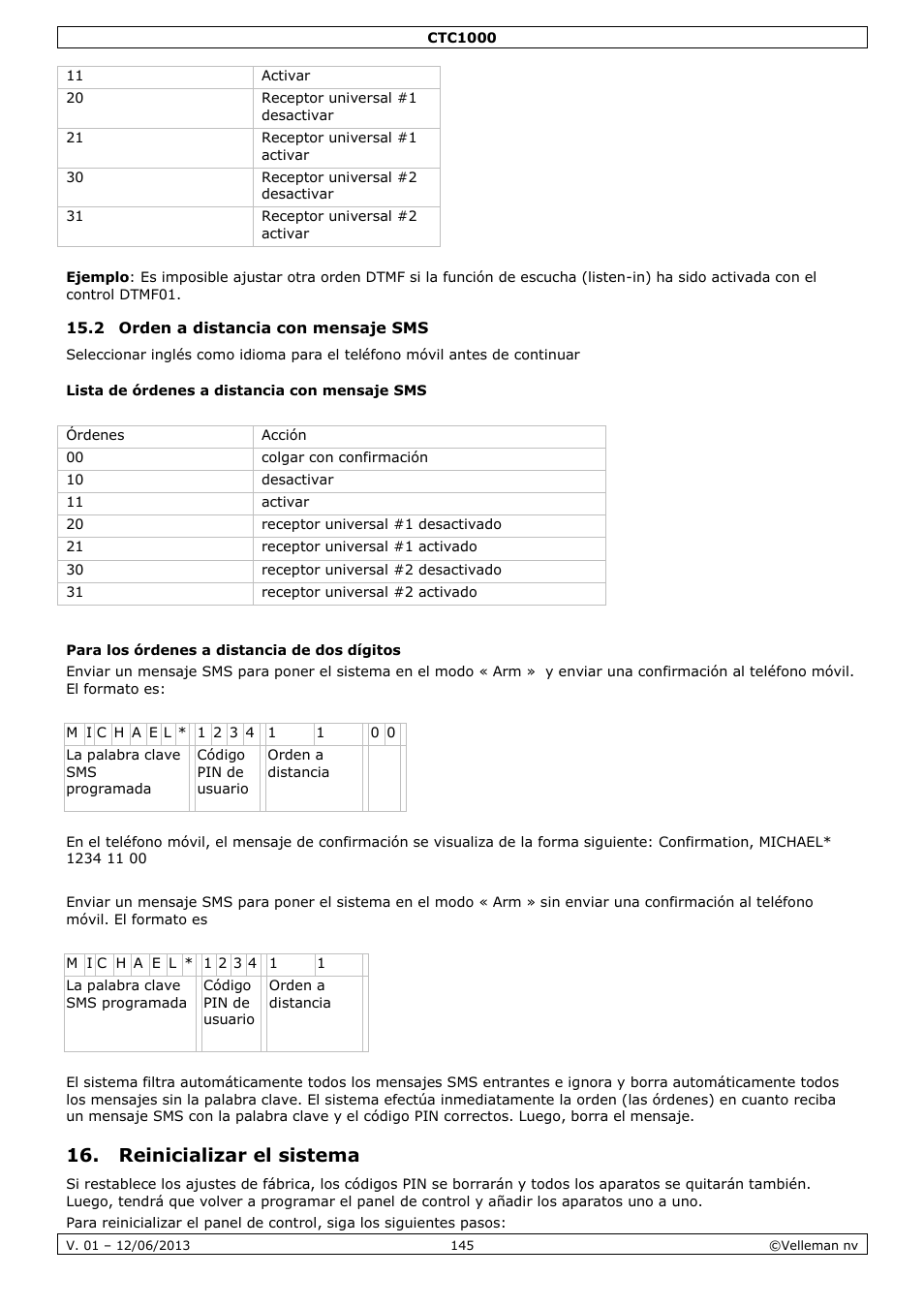 2 orden a distancia con mensaje sms, Lista de órdenes a distancia con mensaje sms, Para los órdenes a distancia de dos dígitos | Reinicializar el sistema | Velleman CTC1000 User Manual | Page 145 / 223