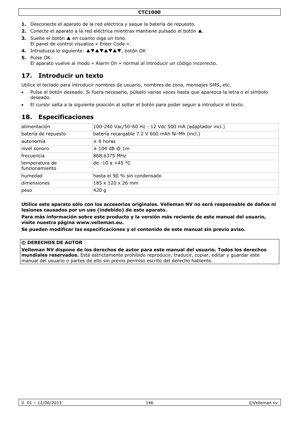 Introducir un texto, Especificaciones | Velleman CTC1000 User Manual | Page 146 / 223