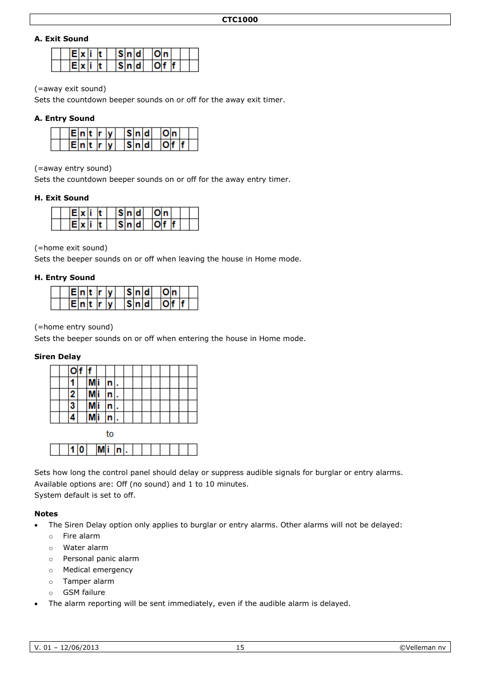 A. exit sound, A. entry sound, H. exit sound | H. entry sound, Siren delay, Notes | Velleman CTC1000 User Manual | Page 15 / 223