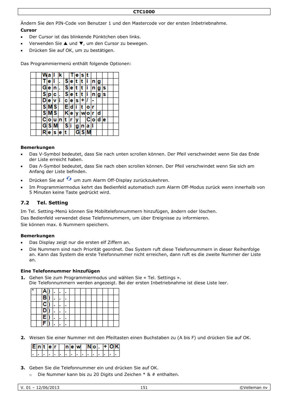 Bemerkungen, 2 tel. setting, Eine telefonnummer hinzufügen | Velleman CTC1000 User Manual | Page 151 / 223