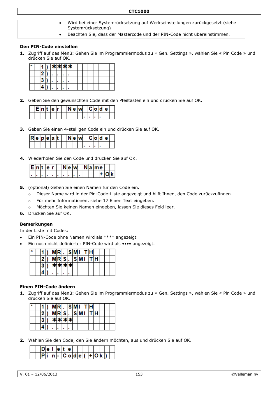 Den pin-code einstellen, Bemerkungen, Einen pin-code ändern | Velleman CTC1000 User Manual | Page 153 / 223