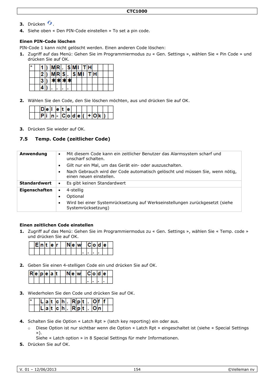 Einen pin-code löschen, 5 temp. code (zeitlicher code), Einen zeitlichen code einstellen | Velleman CTC1000 User Manual | Page 154 / 223
