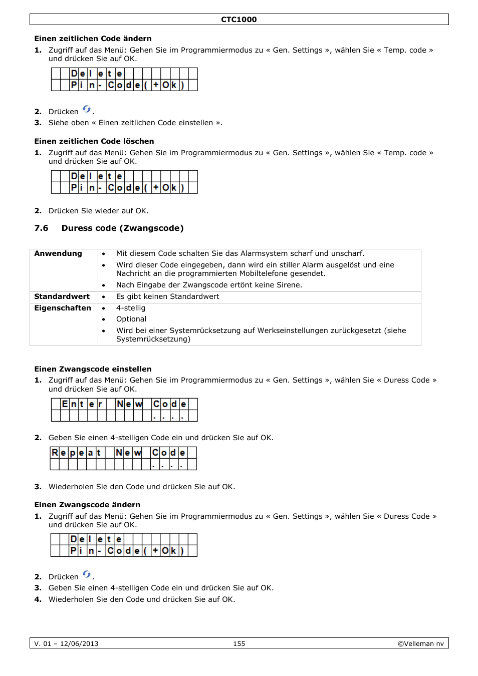 Einen zeitlichen code ändern, Einen zeitlichen code löschen, 6 duress code (zwangscode) | Einen zwangscode einstellen, Einen zwangscode ändern | Velleman CTC1000 User Manual | Page 155 / 223