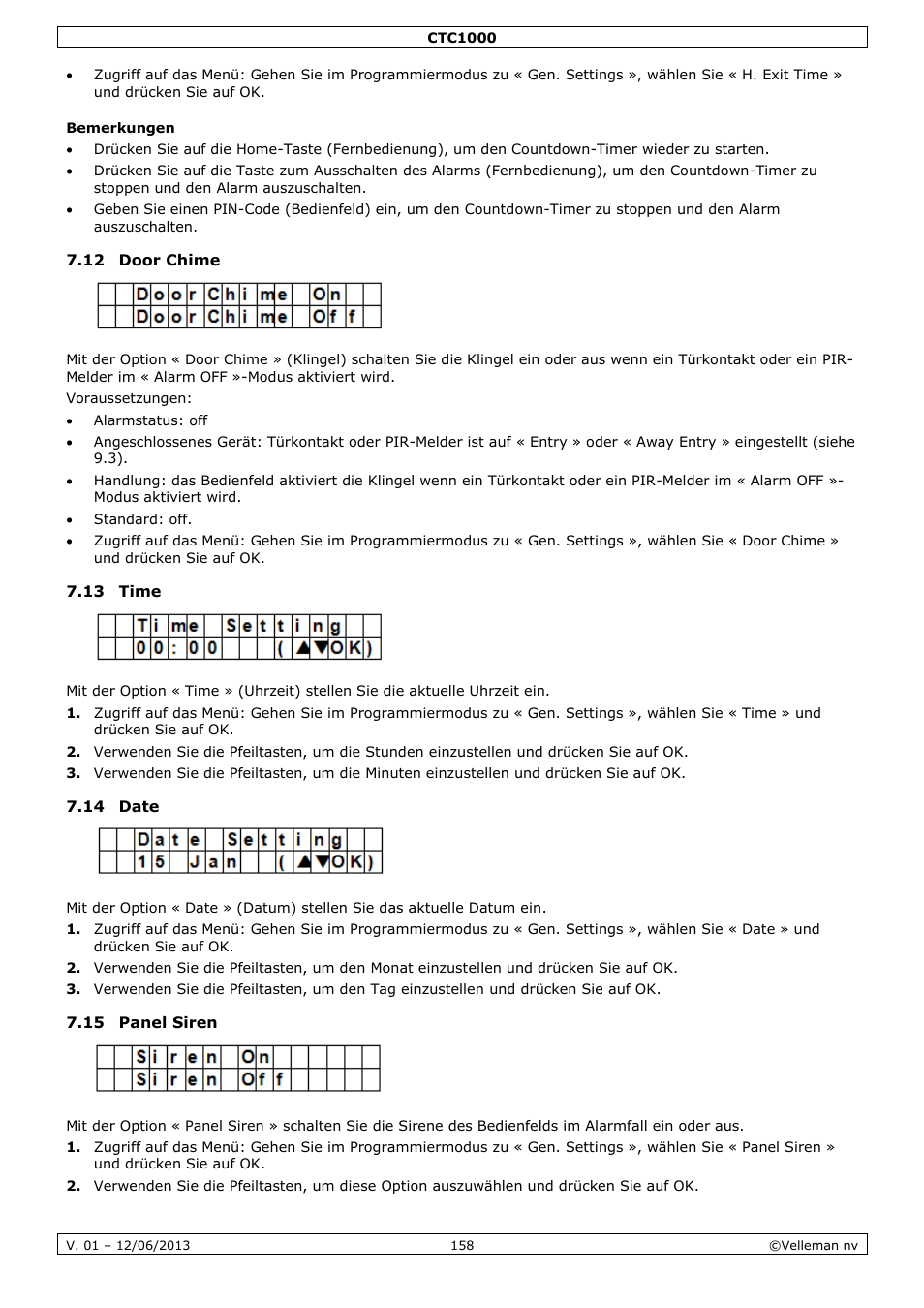Bemerkungen, 12 door chime, 13 time | 14 date, 15 panel siren | Velleman CTC1000 User Manual | Page 158 / 223