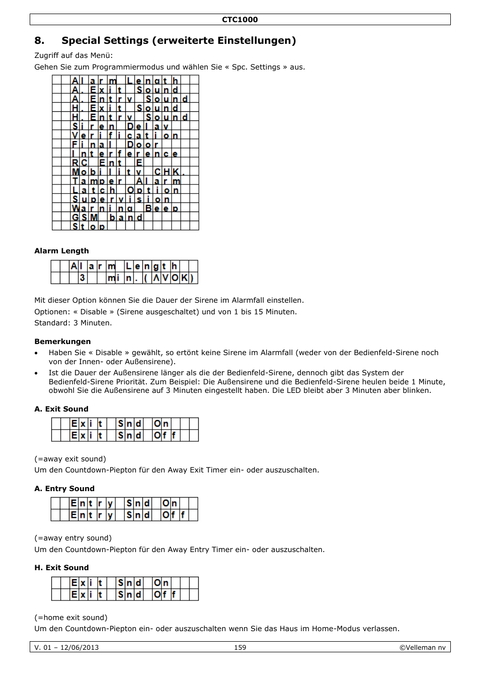 Special settings (erweiterte einstellungen), Alarm length, Bemerkungen | A. exit sound, A. entry sound, H. exit sound | Velleman CTC1000 User Manual | Page 159 / 223