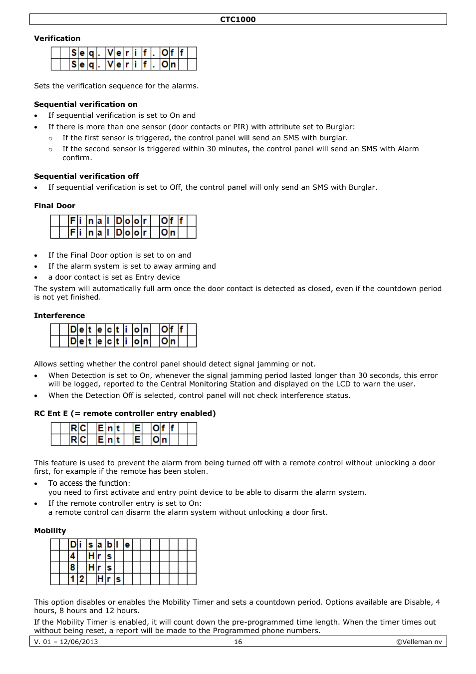 Verification, Sequential verification on, Sequential verification off | Final door, Interference, Rc ent e (= remote controller entry enabled), Mobility | Velleman CTC1000 User Manual | Page 16 / 223