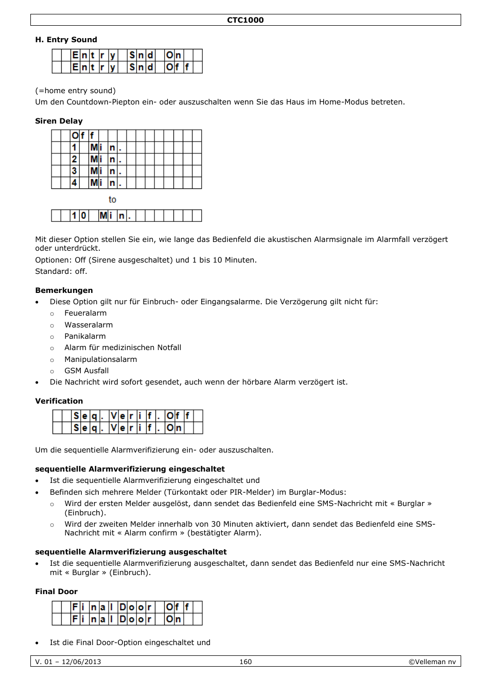 H. entry sound, Siren delay, Bemerkungen | Verification, Sequentielle alarmverifizierung eingeschaltet, Sequentielle alarmverifizierung ausgeschaltet, Final door | Velleman CTC1000 User Manual | Page 160 / 223