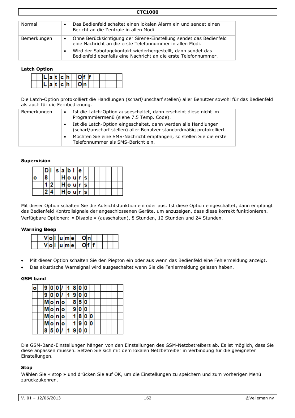 Latch option, Supervision, Warning beep | Gsm band, Stop | Velleman CTC1000 User Manual | Page 162 / 223