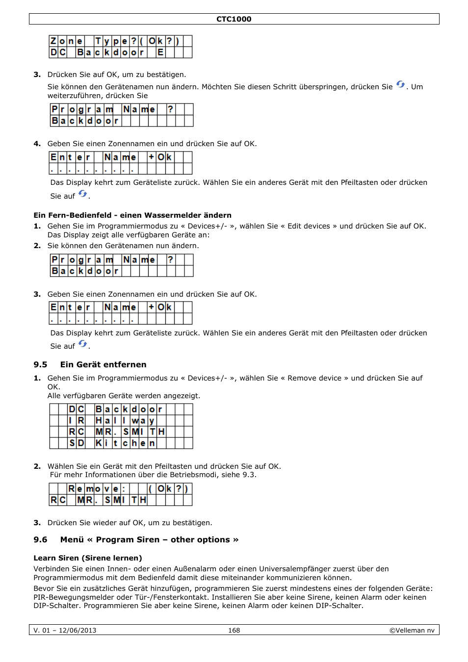 Ein fern-bedienfeld - einen wassermelder ändern, 5 ein gerät entfernen, 6 menü « program siren – other options | Learn siren (sirene lernen) | Velleman CTC1000 User Manual | Page 168 / 223