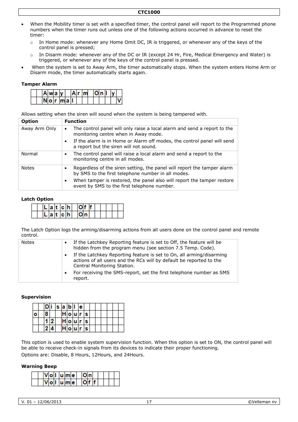 Tamper alarm, Latch option, Supervision | Warning beep | Velleman CTC1000 User Manual | Page 17 / 223