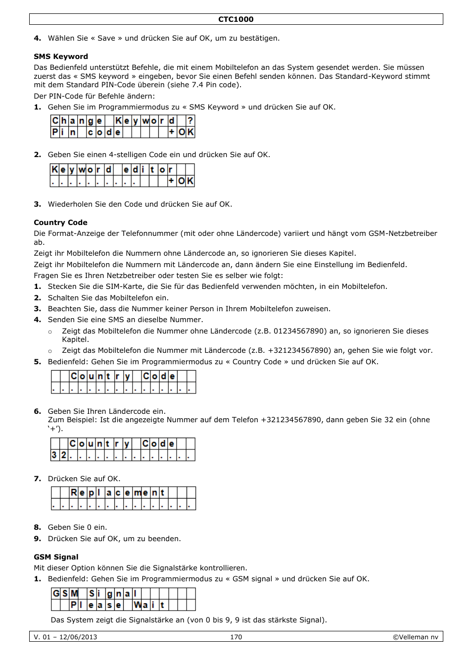 Sms keyword, Country code, Gsm signal | Velleman CTC1000 User Manual | Page 170 / 223