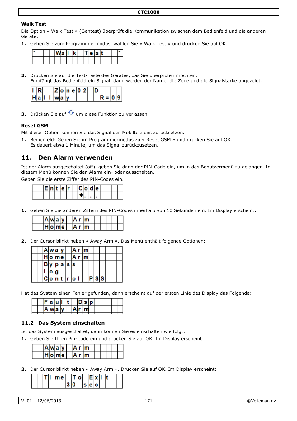 Walk test, Reset gsm, Den alarm verwenden | 2 das system einschalten | Velleman CTC1000 User Manual | Page 171 / 223