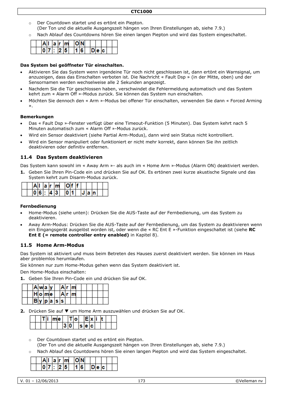 Das system bei geöffneter tür einschalten, Bemerkungen, 4 das system deaktivieren | Fernbedienung, 5 home arm-modus | Velleman CTC1000 User Manual | Page 173 / 223