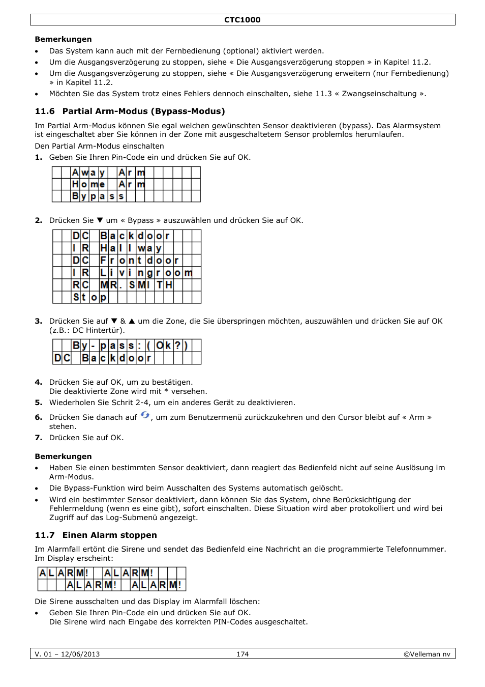 Bemerkungen, 6 partial arm-modus (bypass-modus), 7 einen alarm stoppen | Velleman CTC1000 User Manual | Page 174 / 223