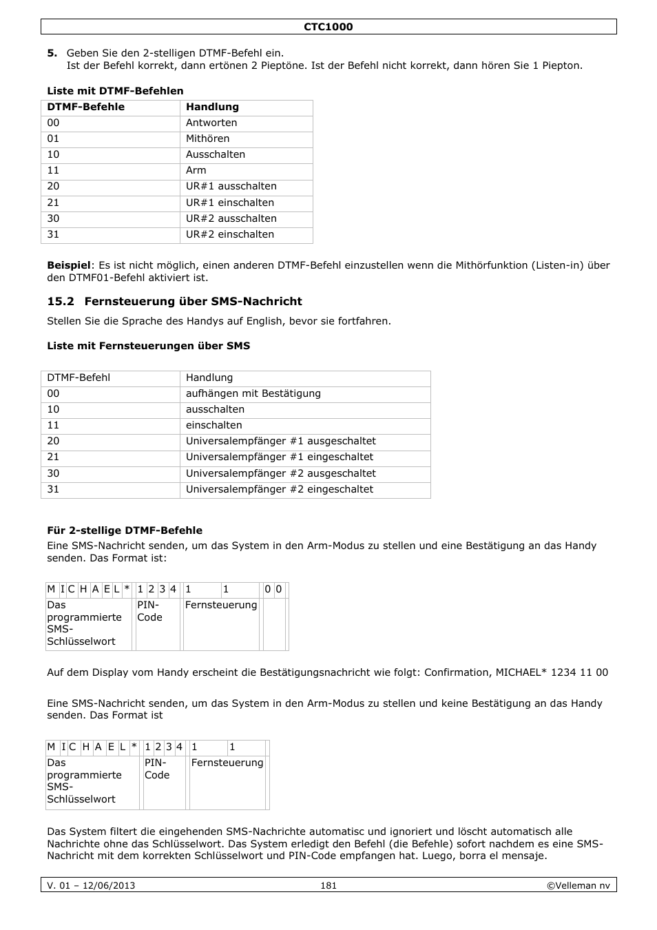 Liste mit dtmf-befehlen, 2 fernsteuerung über sms-nachricht, Liste mit fernsteuerungen über sms | Für 2-stellige dtmf-befehle | Velleman CTC1000 User Manual | Page 181 / 223