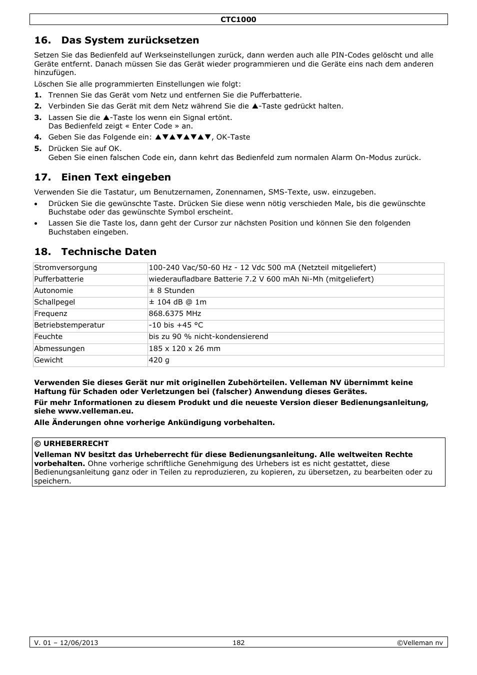 Das system zurücksetzen, Einen text eingeben, Technische daten | Velleman CTC1000 User Manual | Page 182 / 223