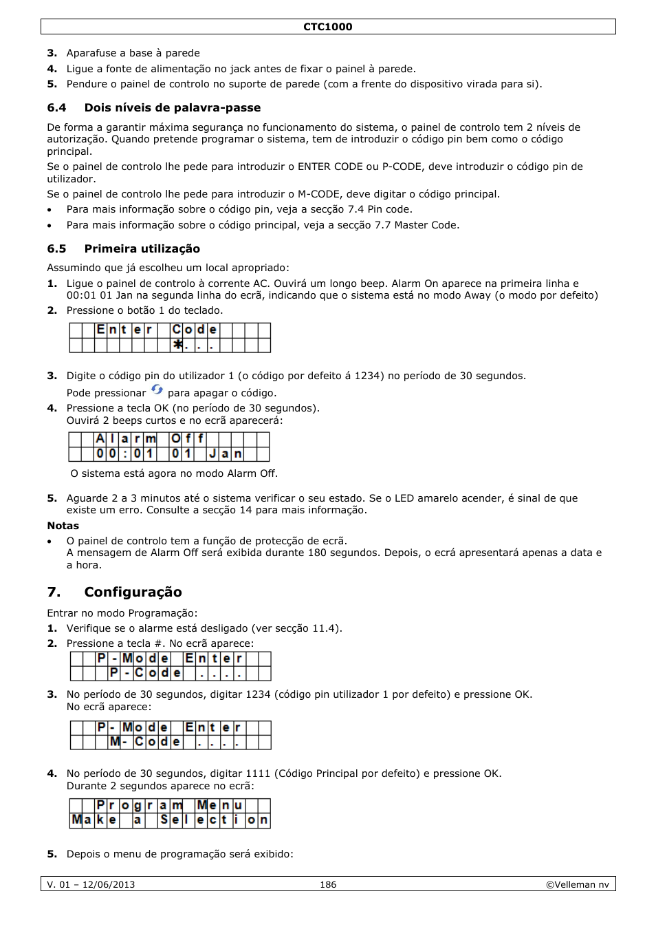 4 dois níveis de palavra-passe, 5 primeira utilização, Configuração | Velleman CTC1000 User Manual | Page 186 / 223