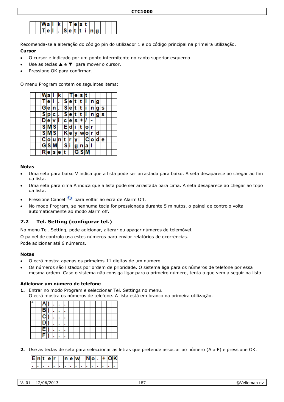 Notas, 2 tel. setting (configurar tel.), Adicionar um número de telefone | Velleman CTC1000 User Manual | Page 187 / 223