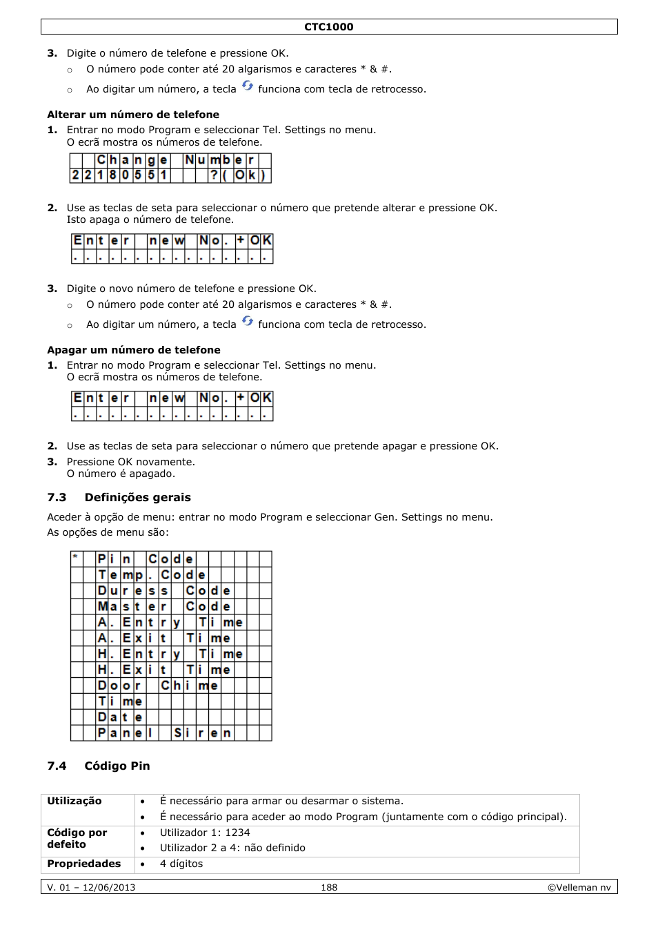Alterar um número de telefone, Apagar um número de telefone, 3 definições gerais | 4 código pin | Velleman CTC1000 User Manual | Page 188 / 223