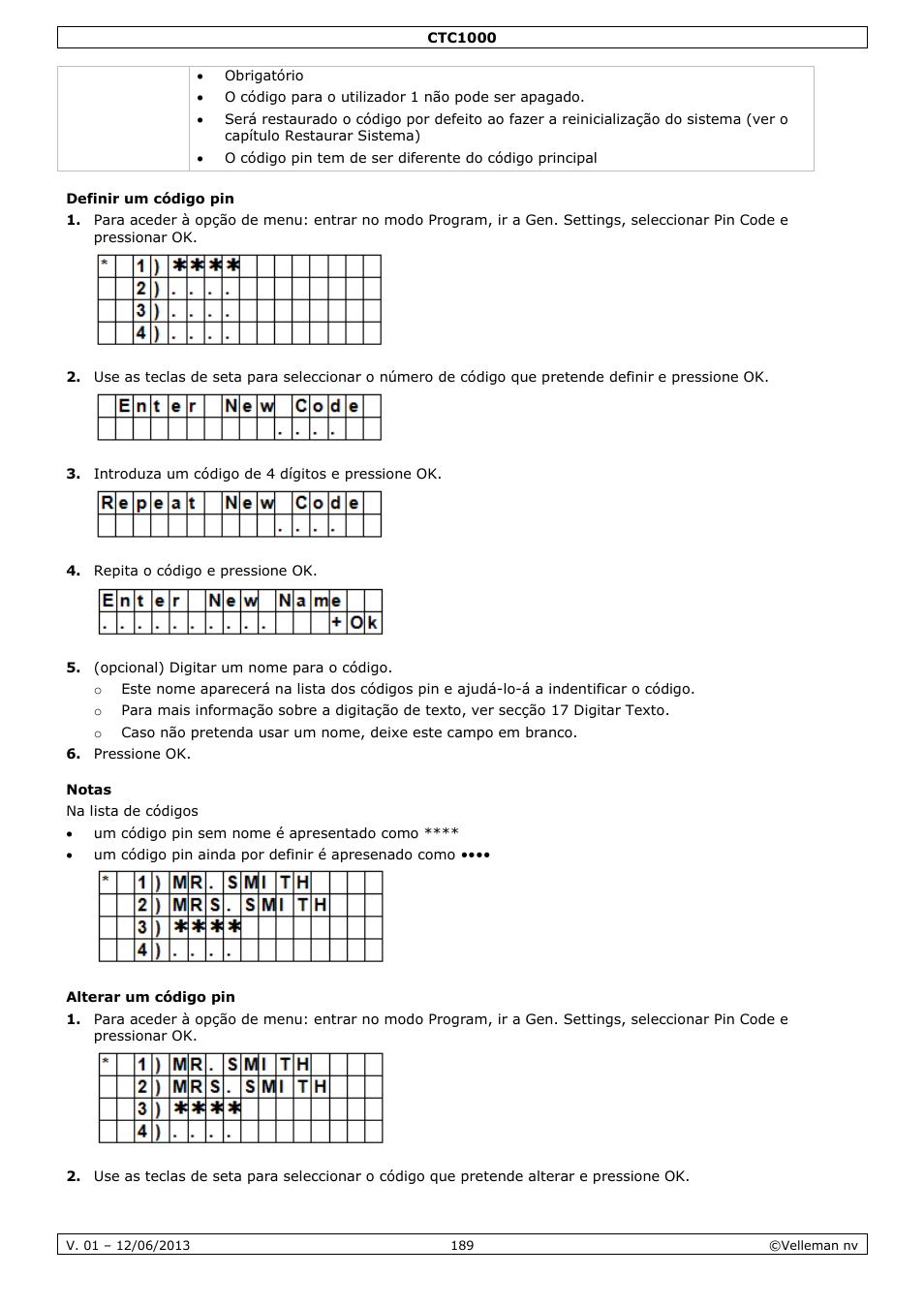 Definir um código pin, Notas, Alterar um código pin | Velleman CTC1000 User Manual | Page 189 / 223
