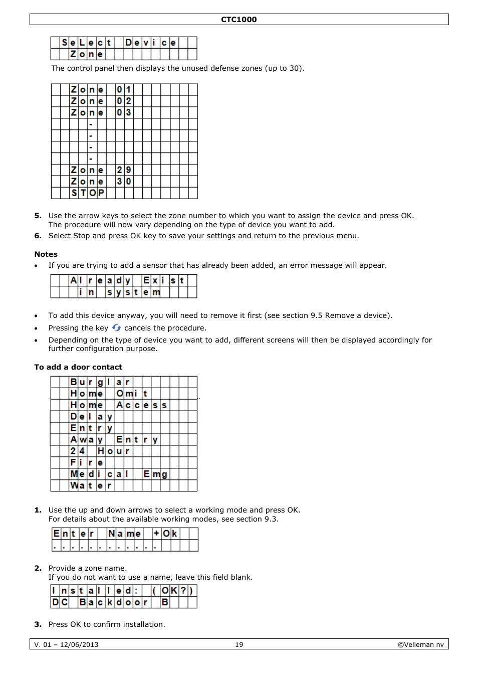 Notes, To add a door contact | Velleman CTC1000 User Manual | Page 19 / 223
