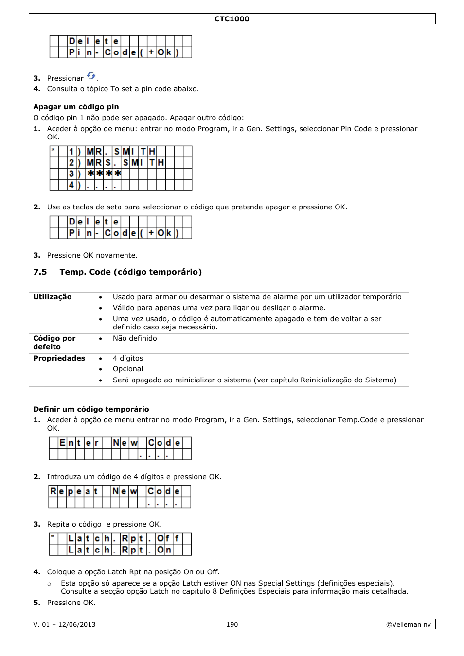 Apagar um código pin, 5 temp. code (código temporário), Definir um código temporário | Velleman CTC1000 User Manual | Page 190 / 223