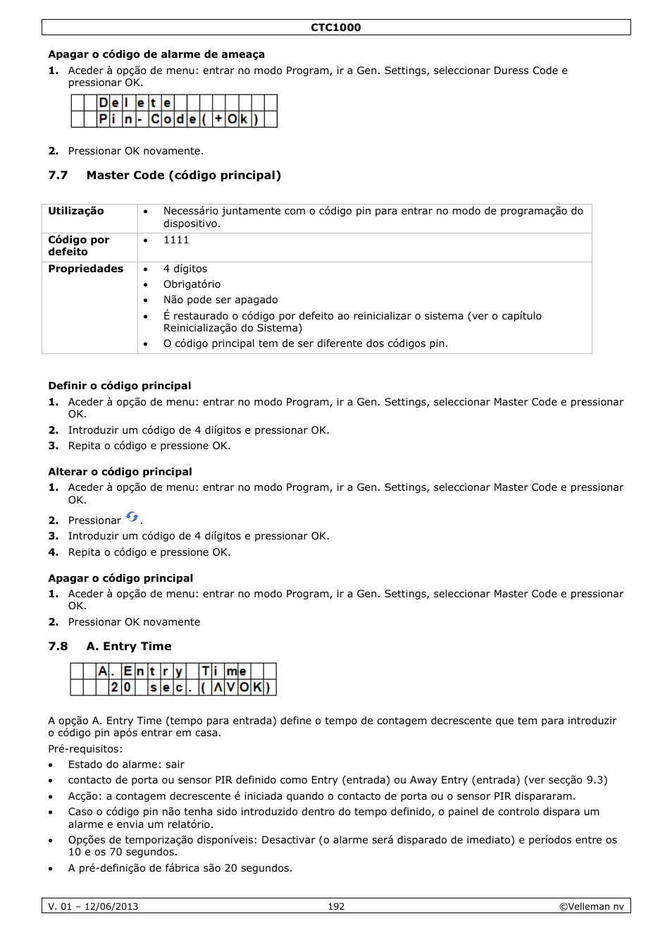 Apagar o código de alarme de ameaça, 7 master code (código principal), Definir o código principal | Alterar o código principal, Apagar o código principal, 8 a. entry time | Velleman CTC1000 User Manual | Page 192 / 223
