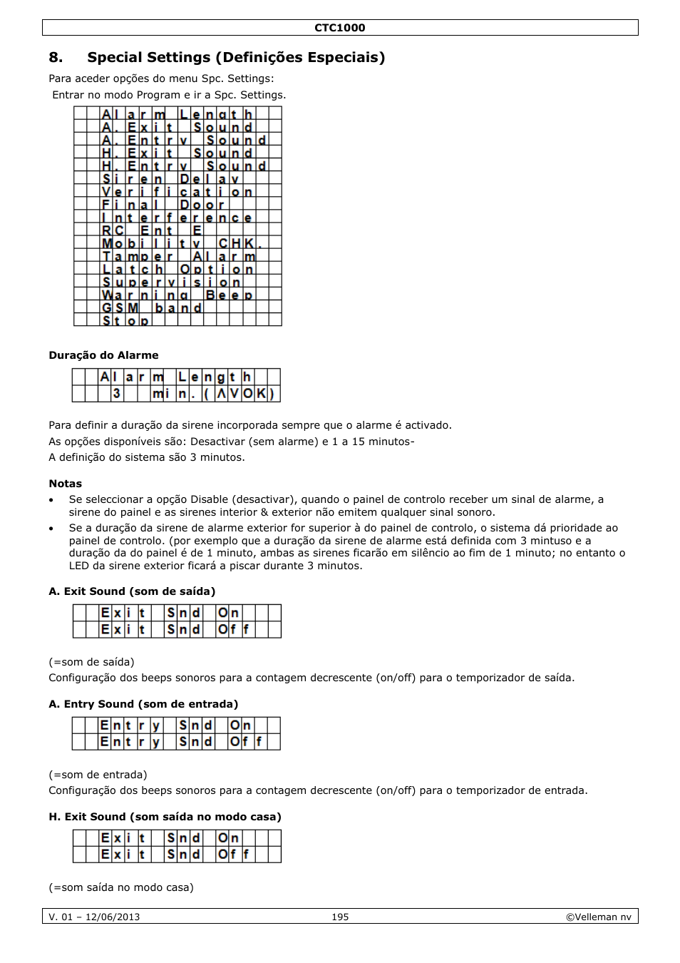 Special settings (definições especiais), Duração do alarme, Notas | A. exit sound (som de saída), A. entry sound (som de entrada), H. exit sound (som saída no modo casa) | Velleman CTC1000 User Manual | Page 195 / 223