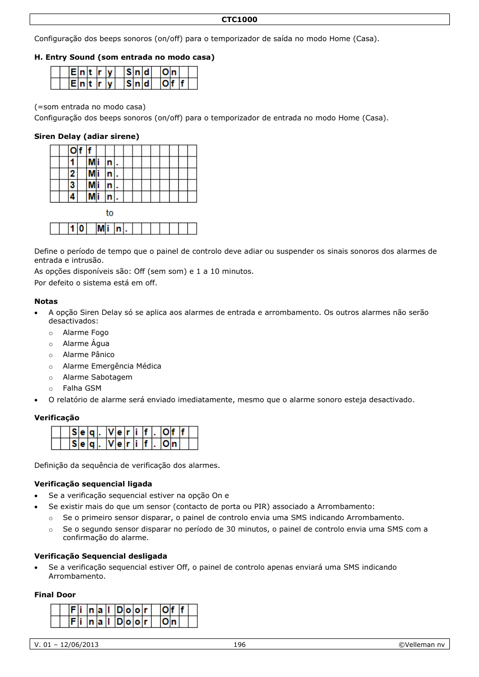 H. entry sound (som entrada no modo casa), Siren delay (adiar sirene), Notas | Verificação, Verificação sequencial ligada, Verificação sequencial desligada, Final door | Velleman CTC1000 User Manual | Page 196 / 223