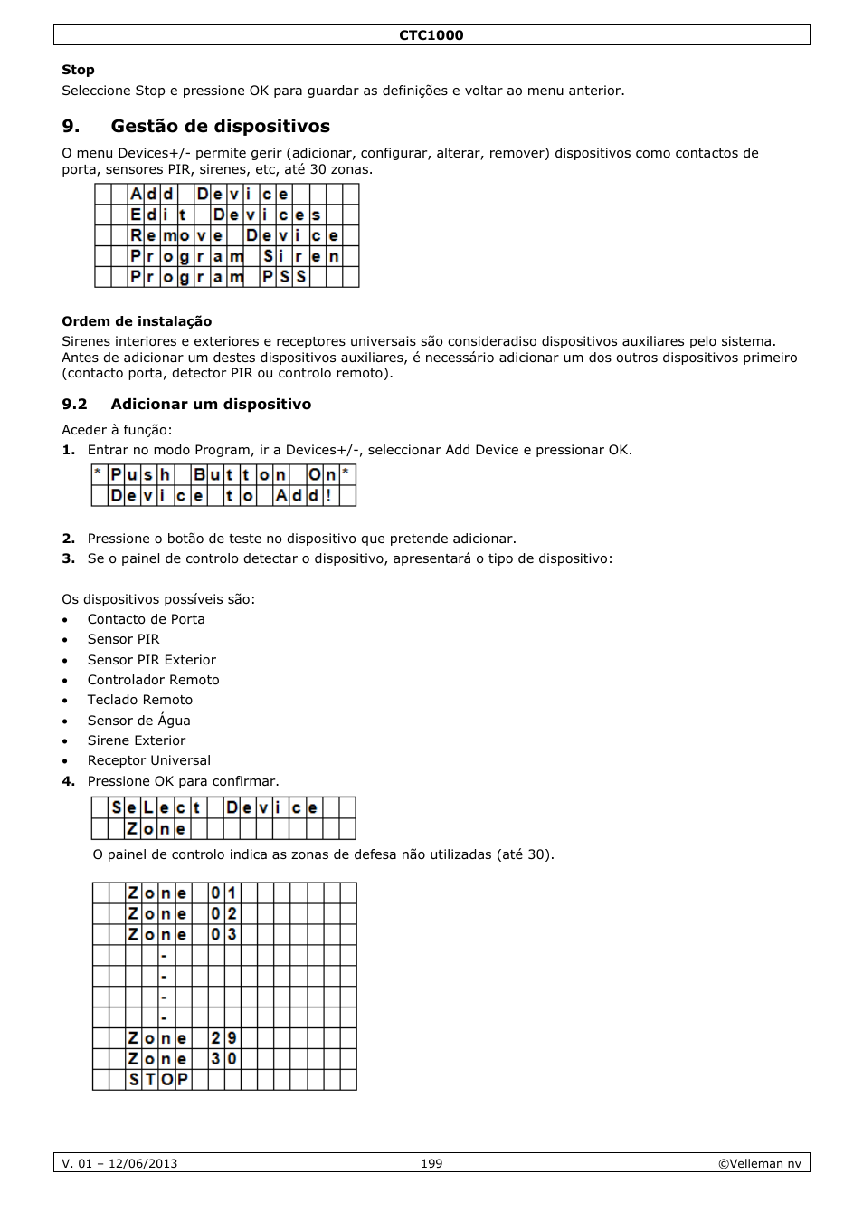 Stop, Gestão de dispositivos, Ordem de instalação | 2 adicionar um dispositivo | Velleman CTC1000 User Manual | Page 199 / 223