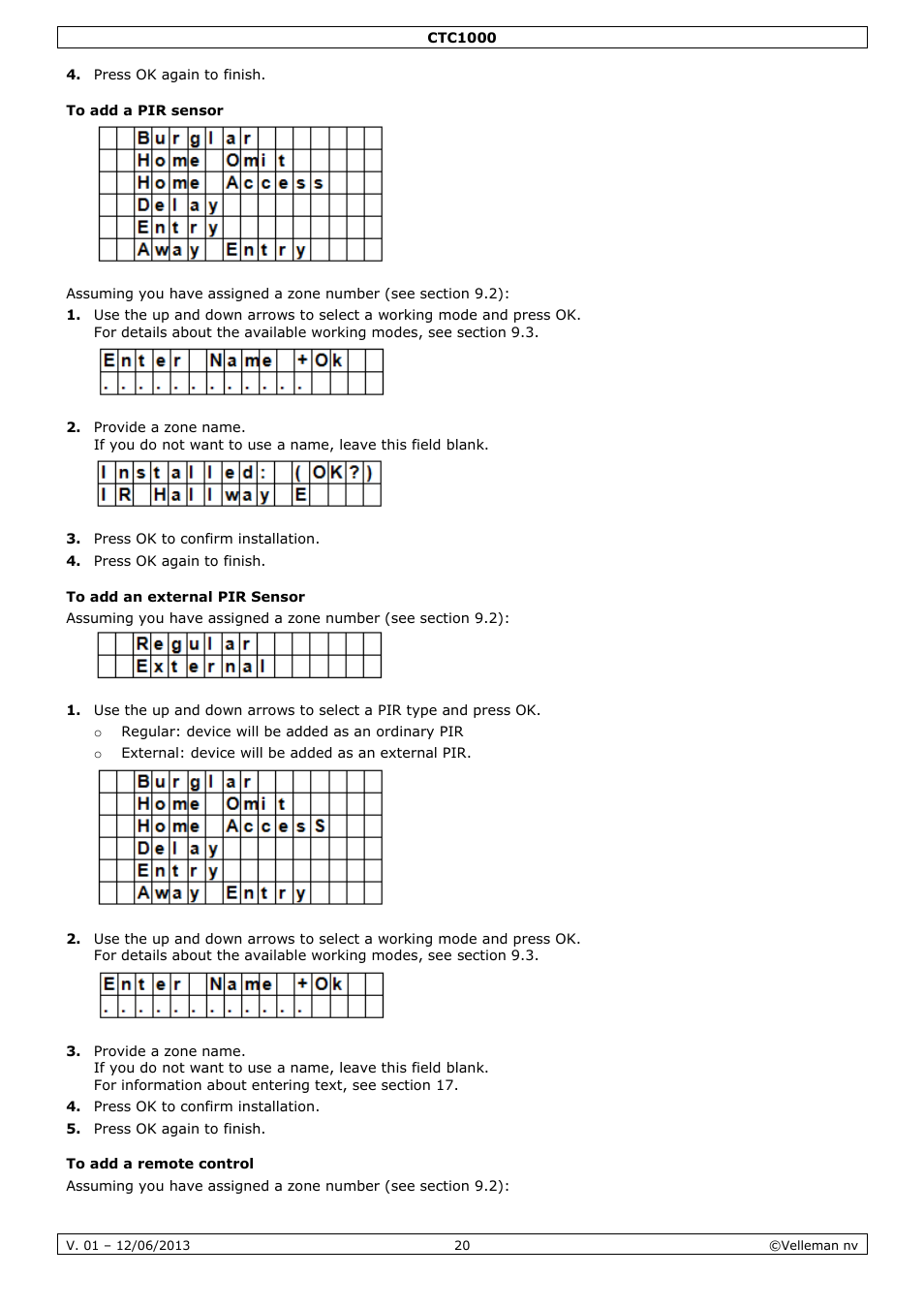 To add a pir sensor, To add an external pir sensor, To add a remote control | Velleman CTC1000 User Manual | Page 20 / 223