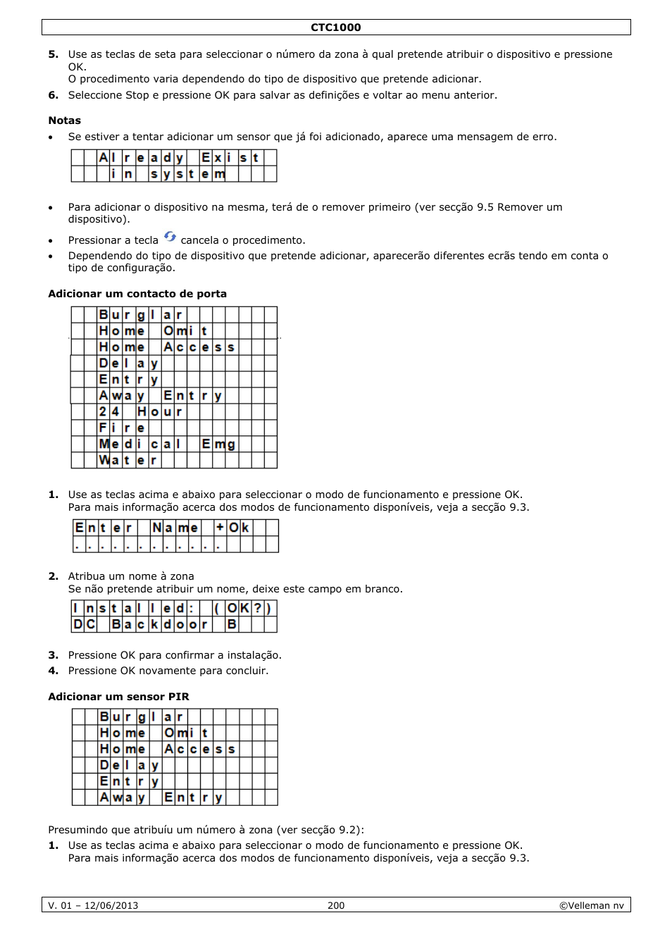 Notas, Adicionar um contacto de porta, Adicionar um sensor pir | Velleman CTC1000 User Manual | Page 200 / 223