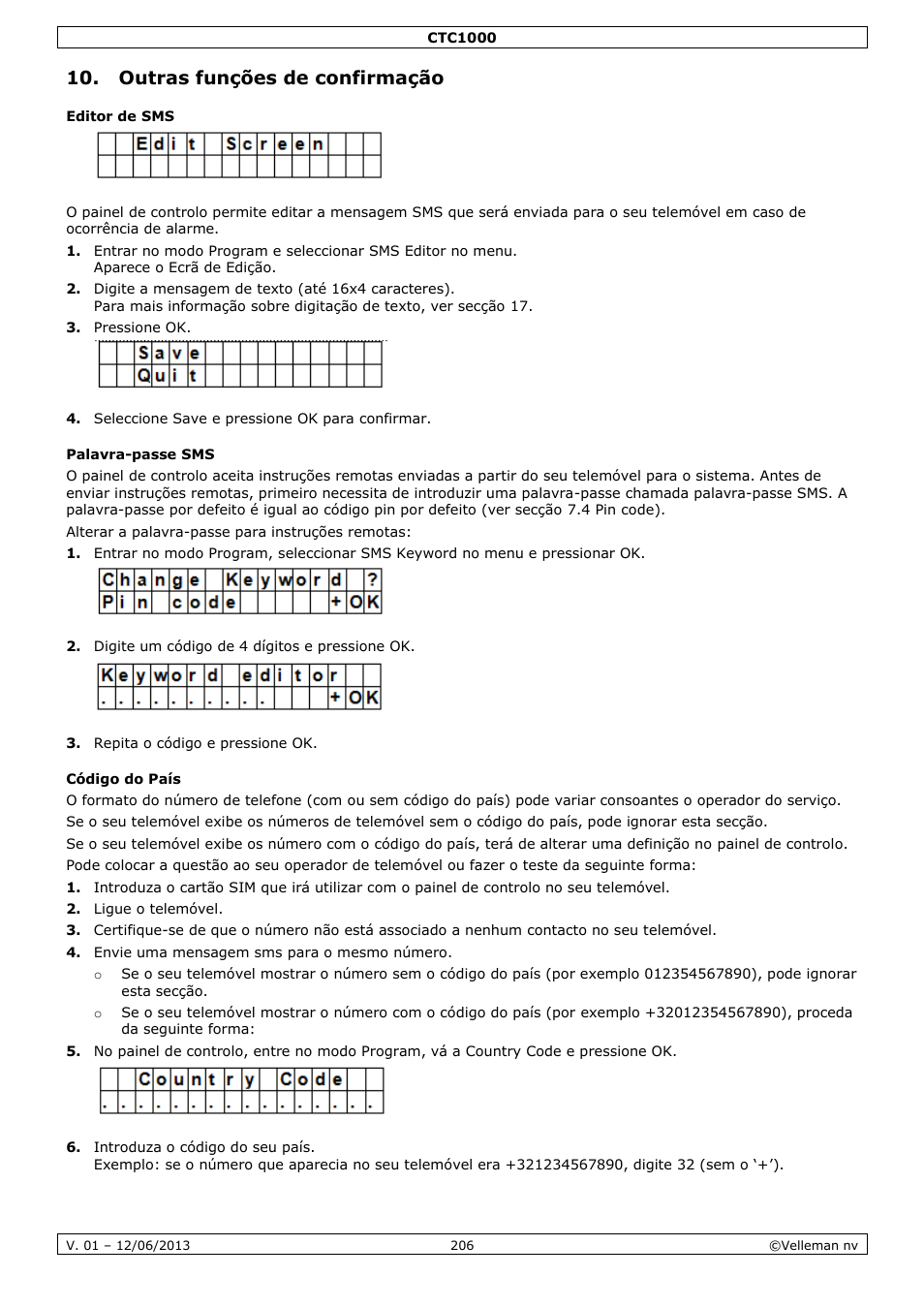 Outras funções de confirmação, Editor de sms, Palavra-passe sms | Código do país | Velleman CTC1000 User Manual | Page 206 / 223