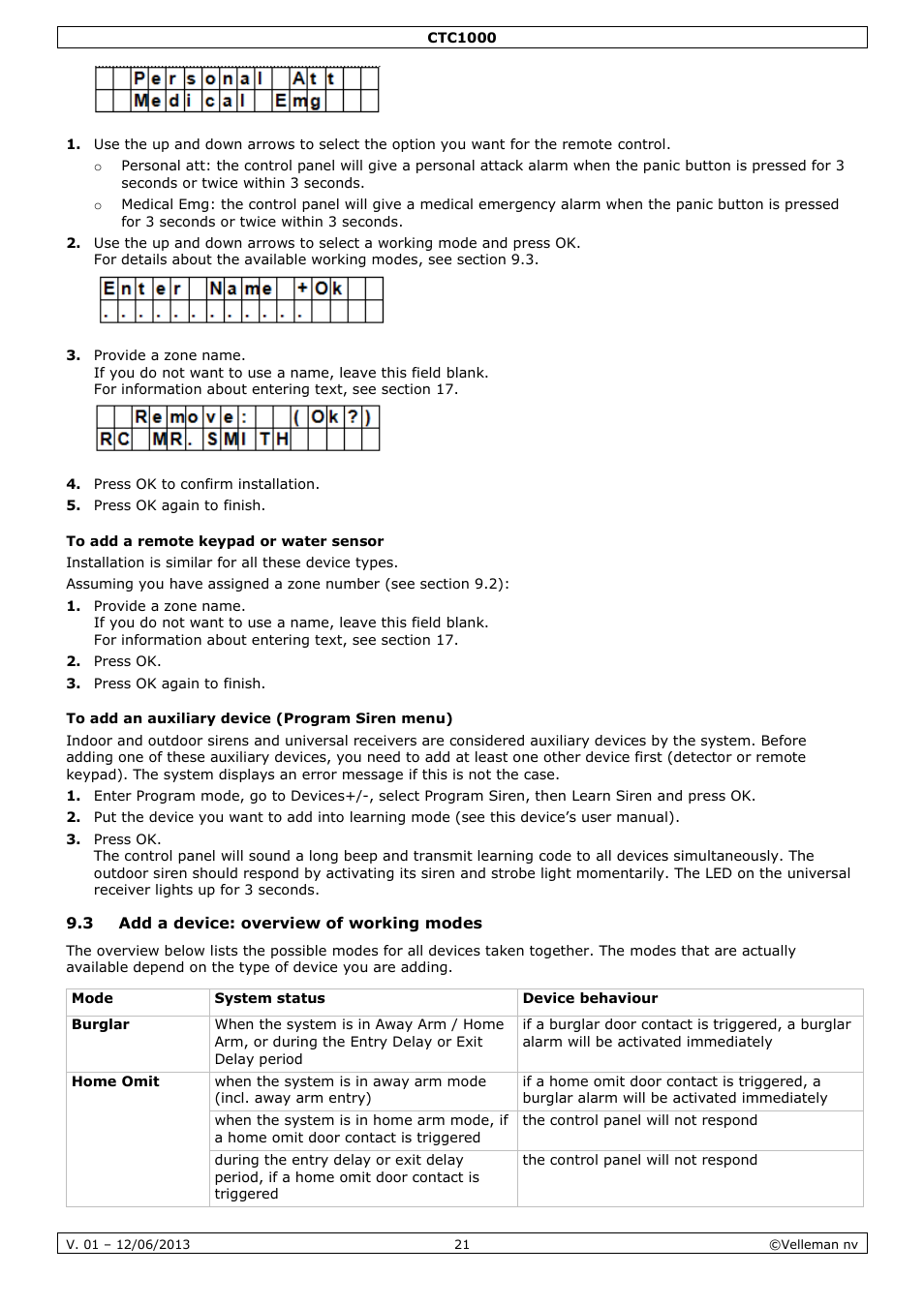 To add a remote keypad or water sensor, To add an auxiliary device (program siren menu), 3 add a device: overview of working modes | Velleman CTC1000 User Manual | Page 21 / 223
